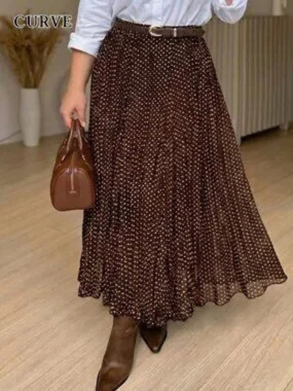 Coffee Brown Casual Women's Loose Pleated Elastic Waist Polka Dot Long Skirt